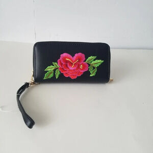 Black  women's wristlet, wallet with embroidery fl